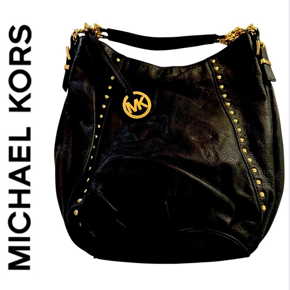 Michael Kors Black Leather Shoulder Bag with Gold Tone Accents